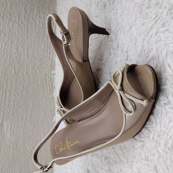 Cole Haan Nike Air Taupe Patent Leather Open Almond Toe Buckled Slingback Pumps - Picture 1 of 16
